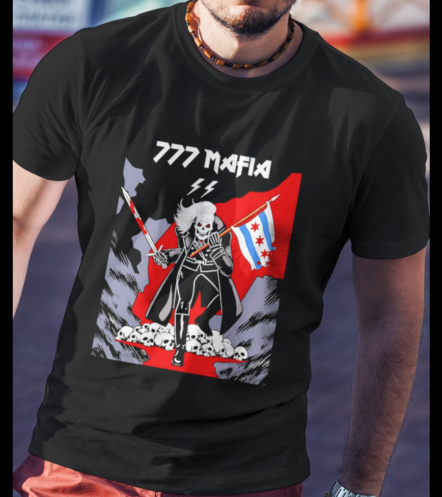 777 Mafia Chicago Flag Skeleton Skull T-Shirt