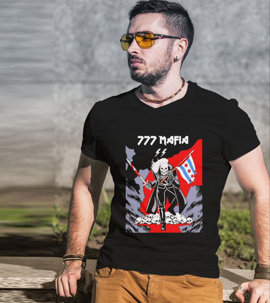 777 Mafia Chicago Flag Skeleton Skull T-Shirt