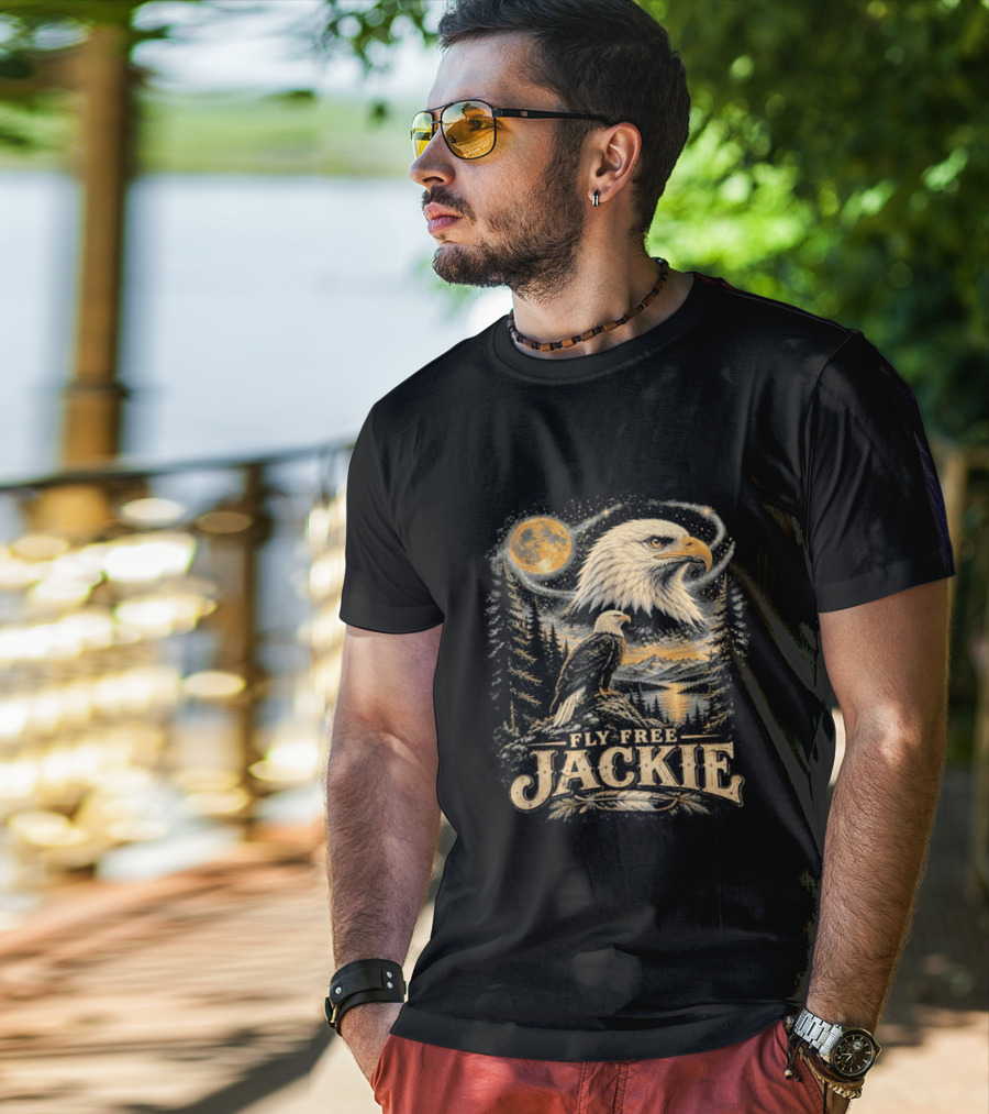 Fly Free Jackie Bald Eagle Scenic Tribute Moonlit Forest Landscape T-Shirt