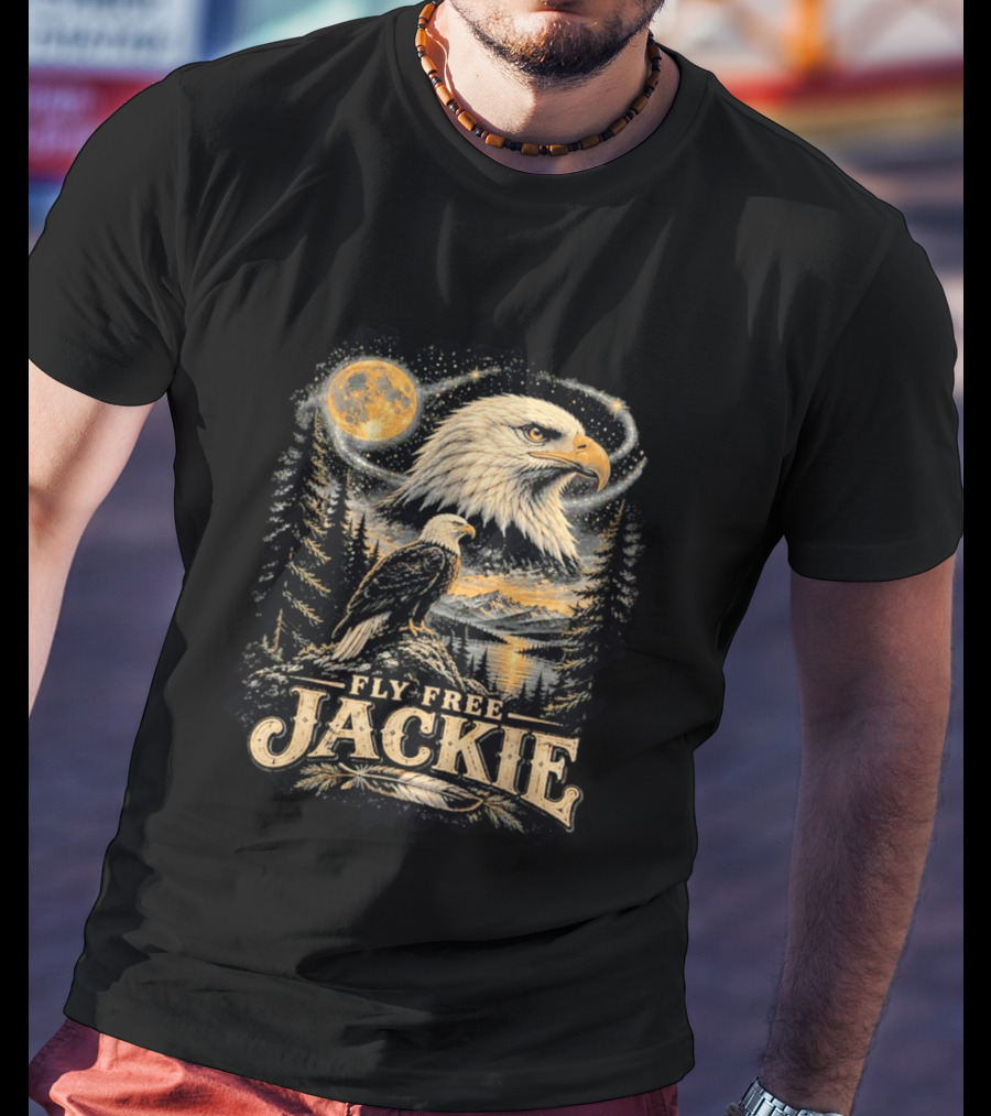 Fly Free Jackie Bald Eagle Scenic Tribute Moonlit Forest Landscape T-Shirt