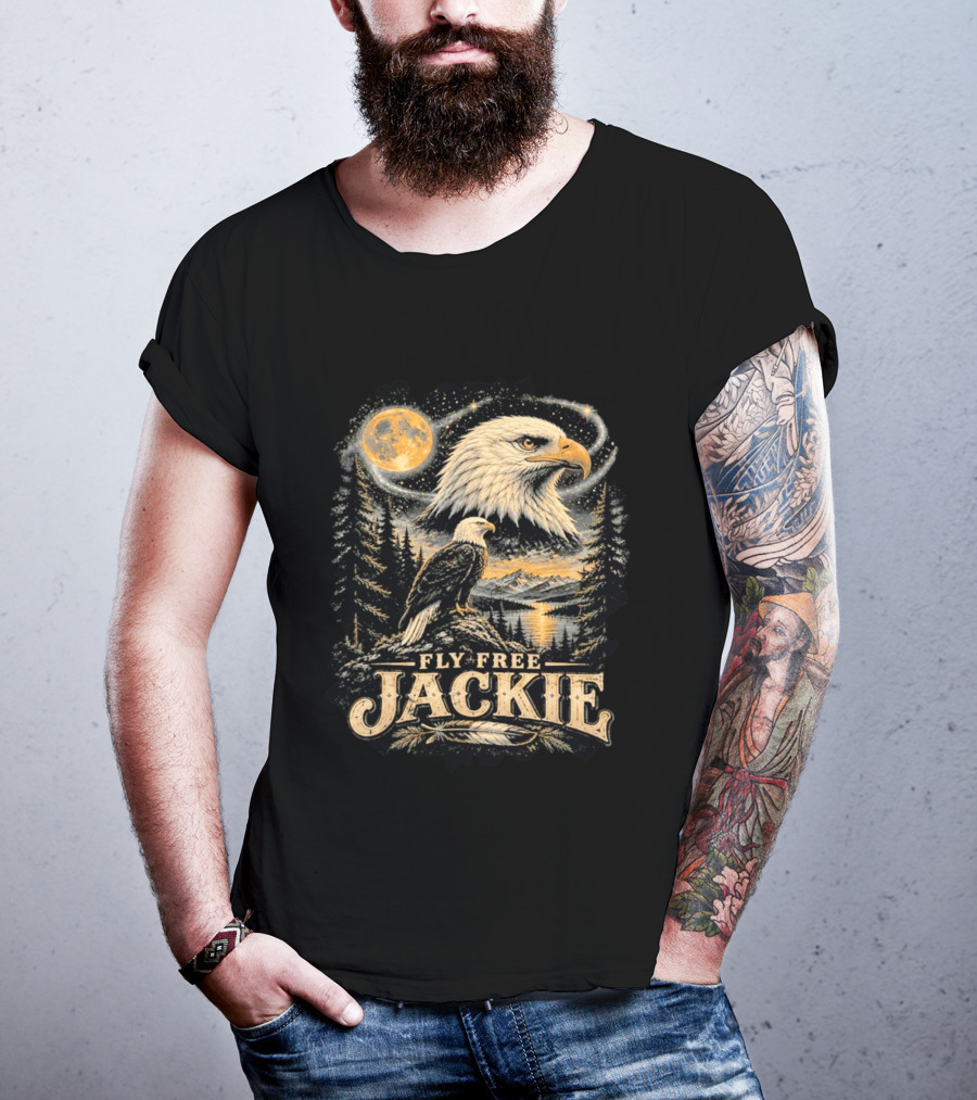 Fly Free Jackie Bald Eagle Scenic Tribute Moonlit Forest Landscape T-Shirt