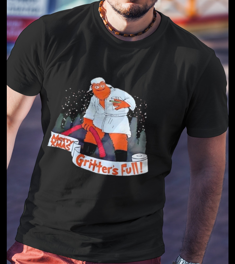 Merry Xmas Gritters Full Cartoon Orange Bathrobe Holding Hose T-Shirt