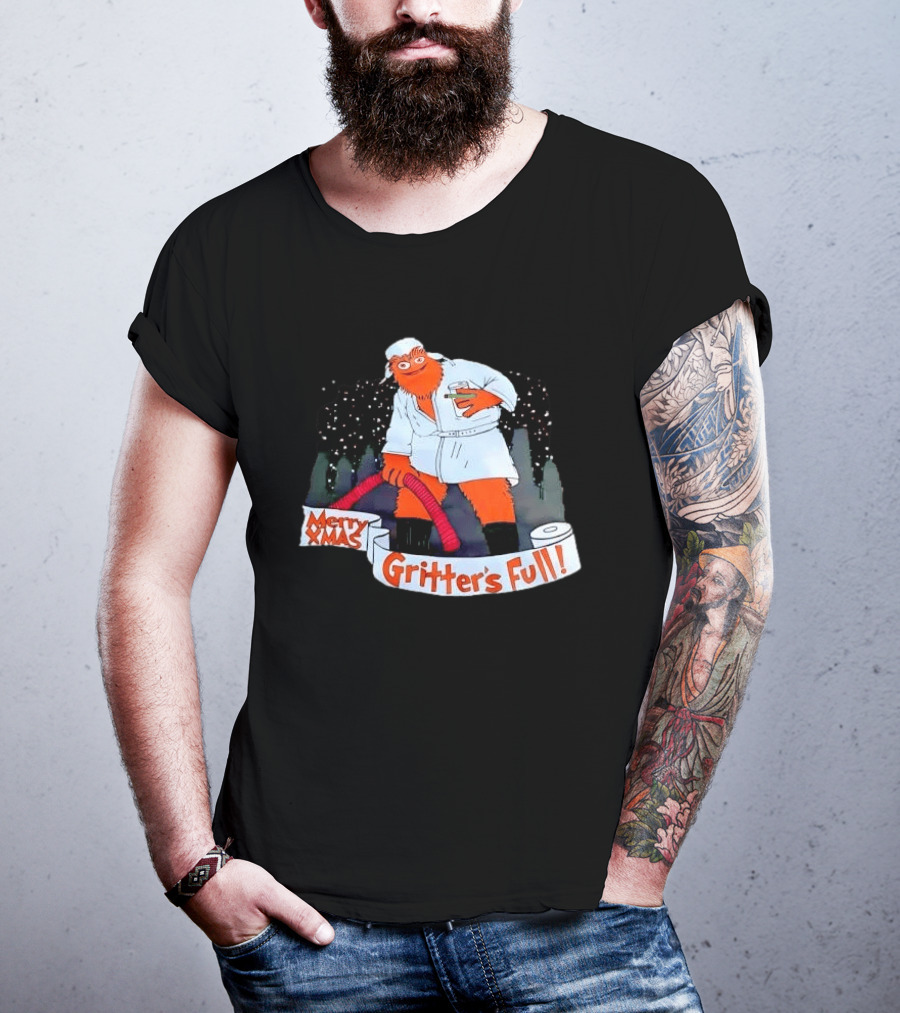 Merry Xmas Gritters Full Cartoon Orange Bathrobe Holding Hose T-Shirt