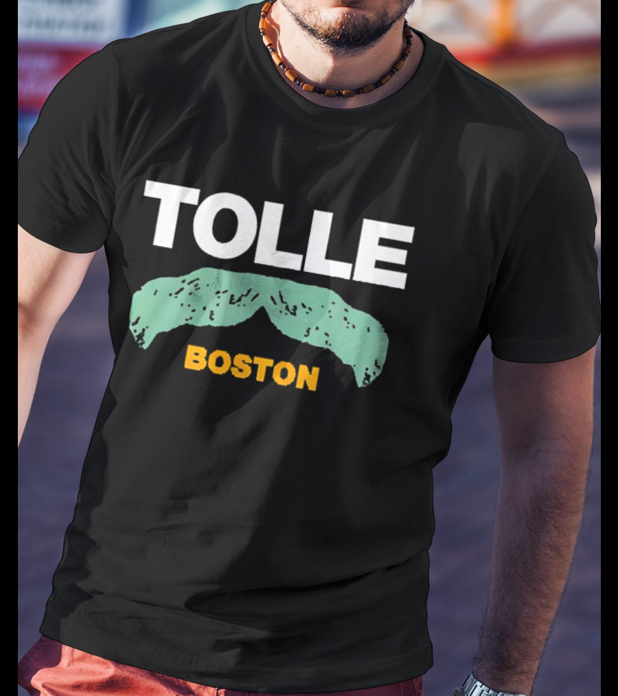 Tolle Boston White And Yellow Distressed Green Mustache T-Shirt