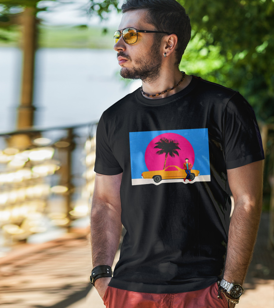 Yellow Car Palm Tree Retro Sunset Aesthetic T-Shirt