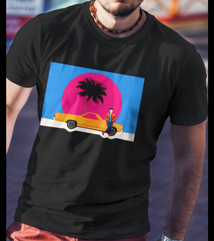 Yellow Car Palm Tree Retro Sunset Aesthetic T-Shirt