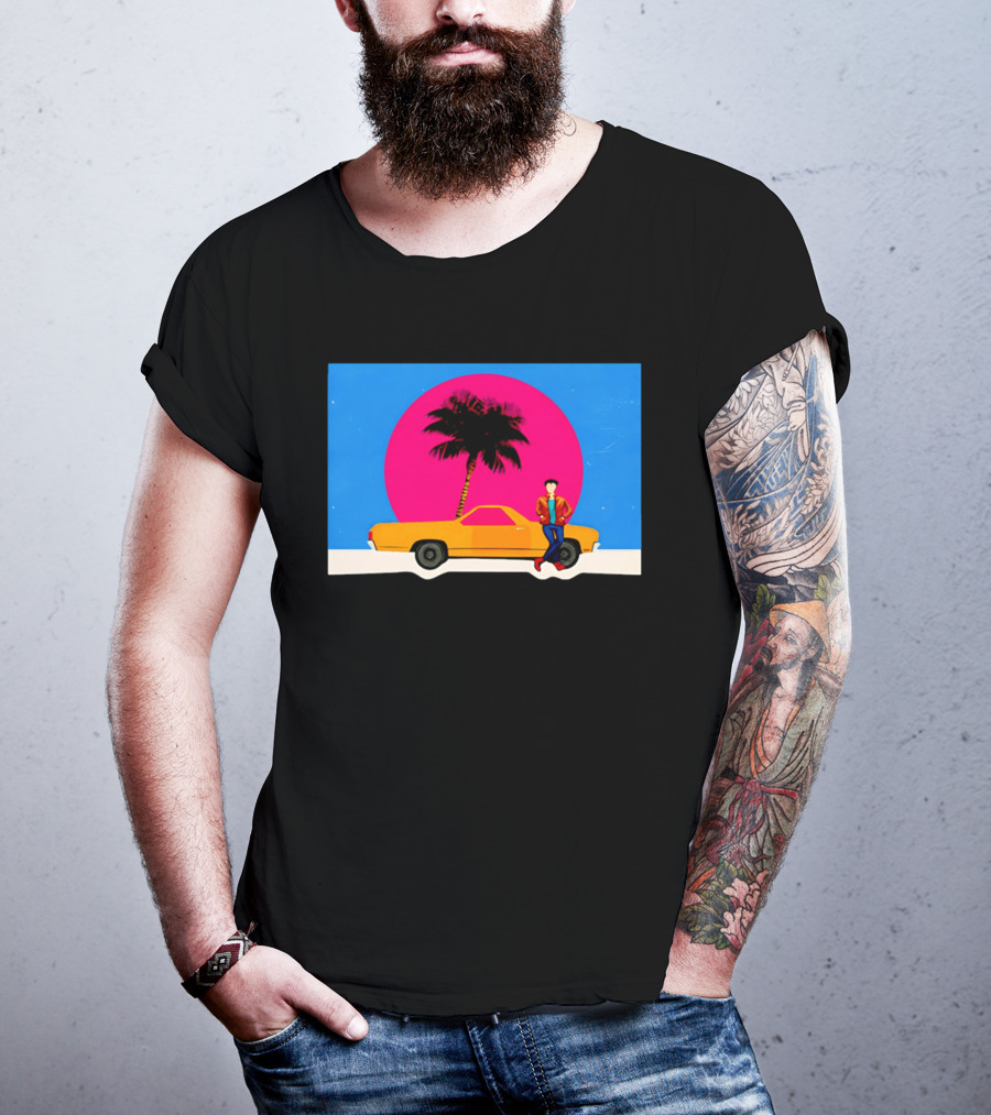 Yellow Car Palm Tree Retro Sunset Aesthetic T-Shirt