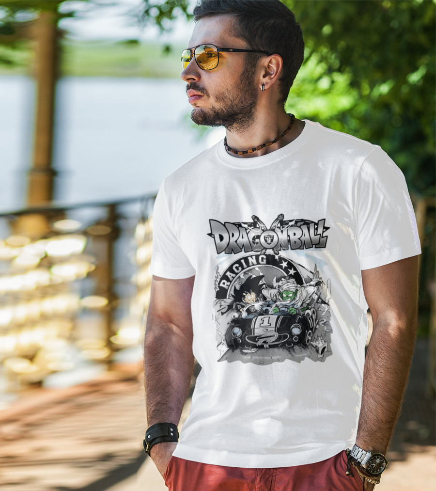 Las Vegas Raiders Dragon Ball Racing Goku Piccolo Driving Black Car Cartoon Raiders NFL T-Shirt