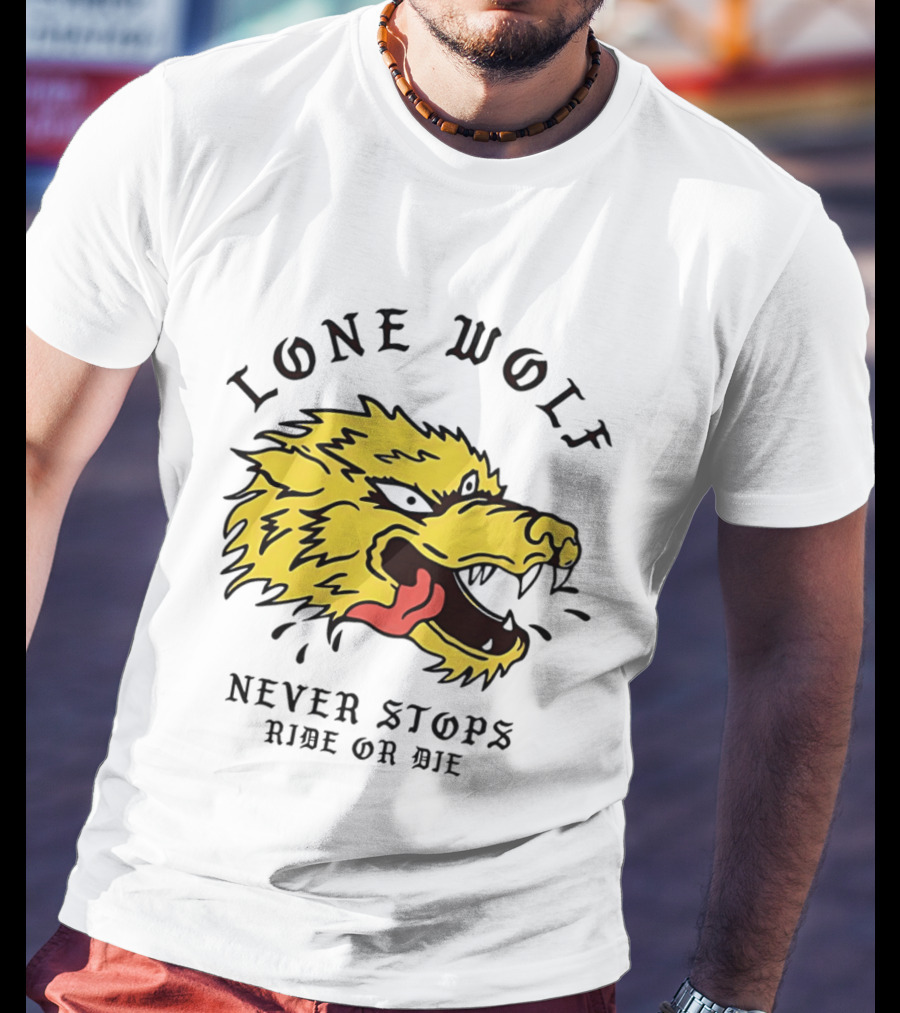 Lone Wolf Never Stops Ride Or Die Fierce Yellow Wolf Head T-Shirt