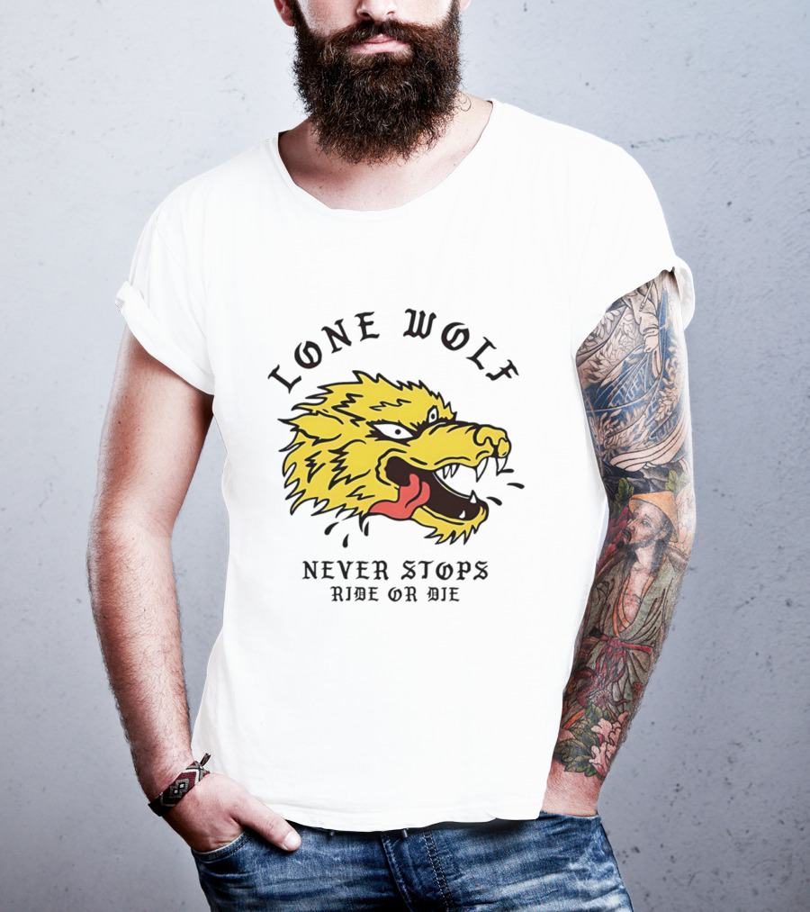 Lone Wolf Never Stops Ride Or Die Fierce Yellow Wolf Head T-Shirt