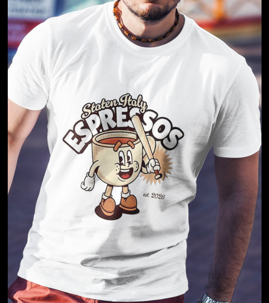 Staten Italy Espressos Est 2026 Cartoon Coffee Cup With Baseball Bat T-Shirt