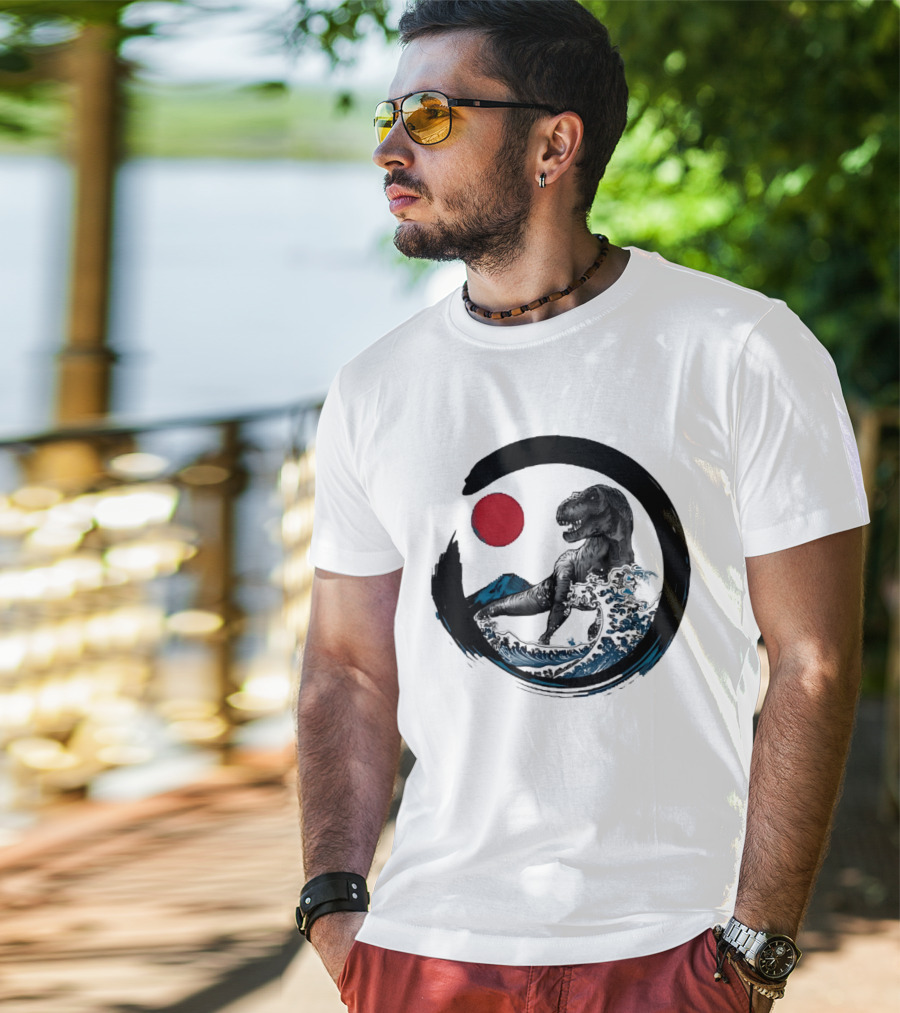Tyrannosaurus Rex Riding Great Wave With Mount Fuji Enso And Red Sun T-Shirt