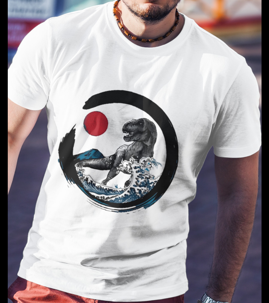 Tyrannosaurus Rex Riding Great Wave With Mount Fuji Enso And Red Sun T-Shirt