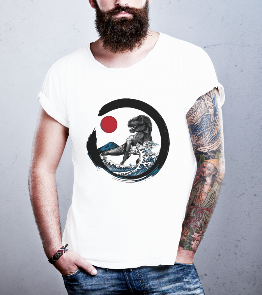 Tyrannosaurus Rex Riding Great Wave With Mount Fuji Enso And Red Sun T-Shirt