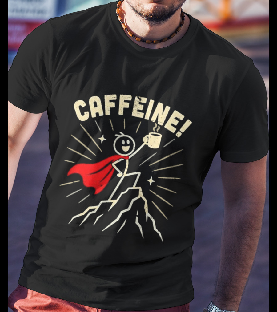 Caffeine Distressed Stick Figure Superhero Holding Coffee On Mountain Peak T-Shirt