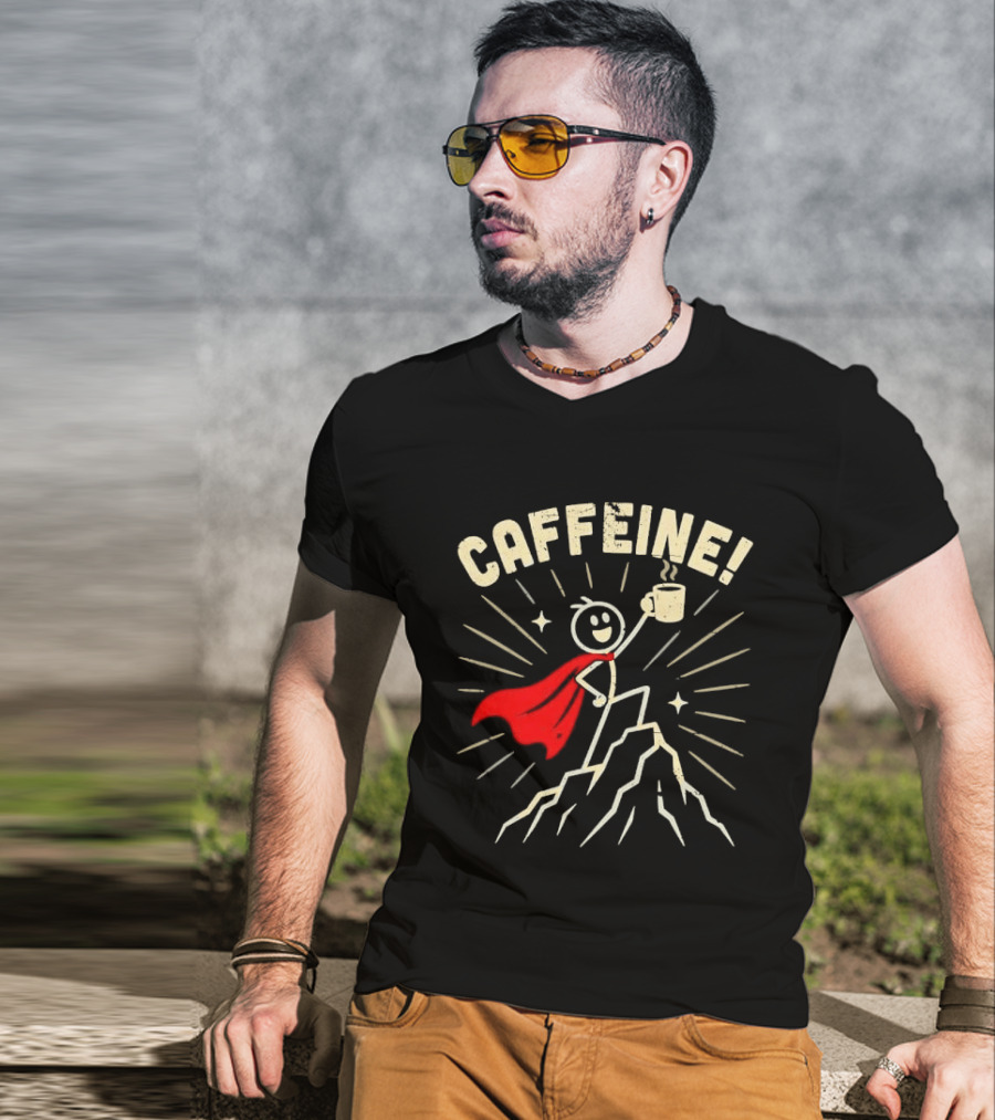 Caffeine Distressed Stick Figure Superhero Holding Coffee On Mountain Peak T-Shirt