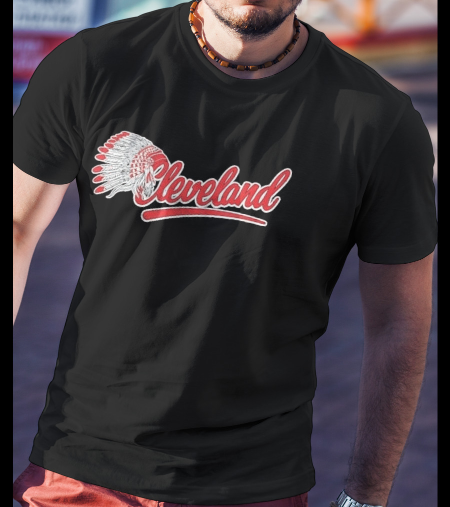 Cleveland Native American Feather Headdress Distressed Script T-Shirt