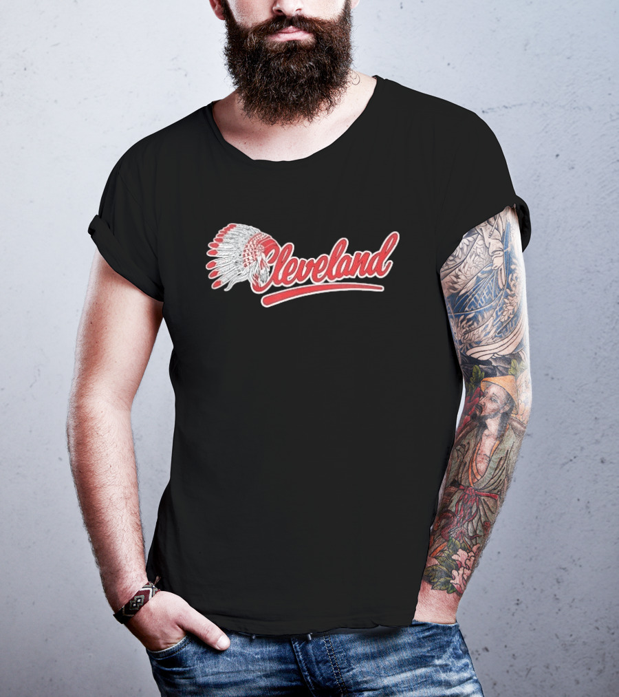 Cleveland Native American Feather Headdress Distressed Script T-Shirt