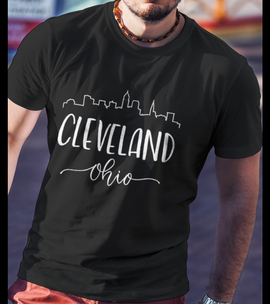 Cleveland Ohio Skyline Buildings White Script T-Shirt
