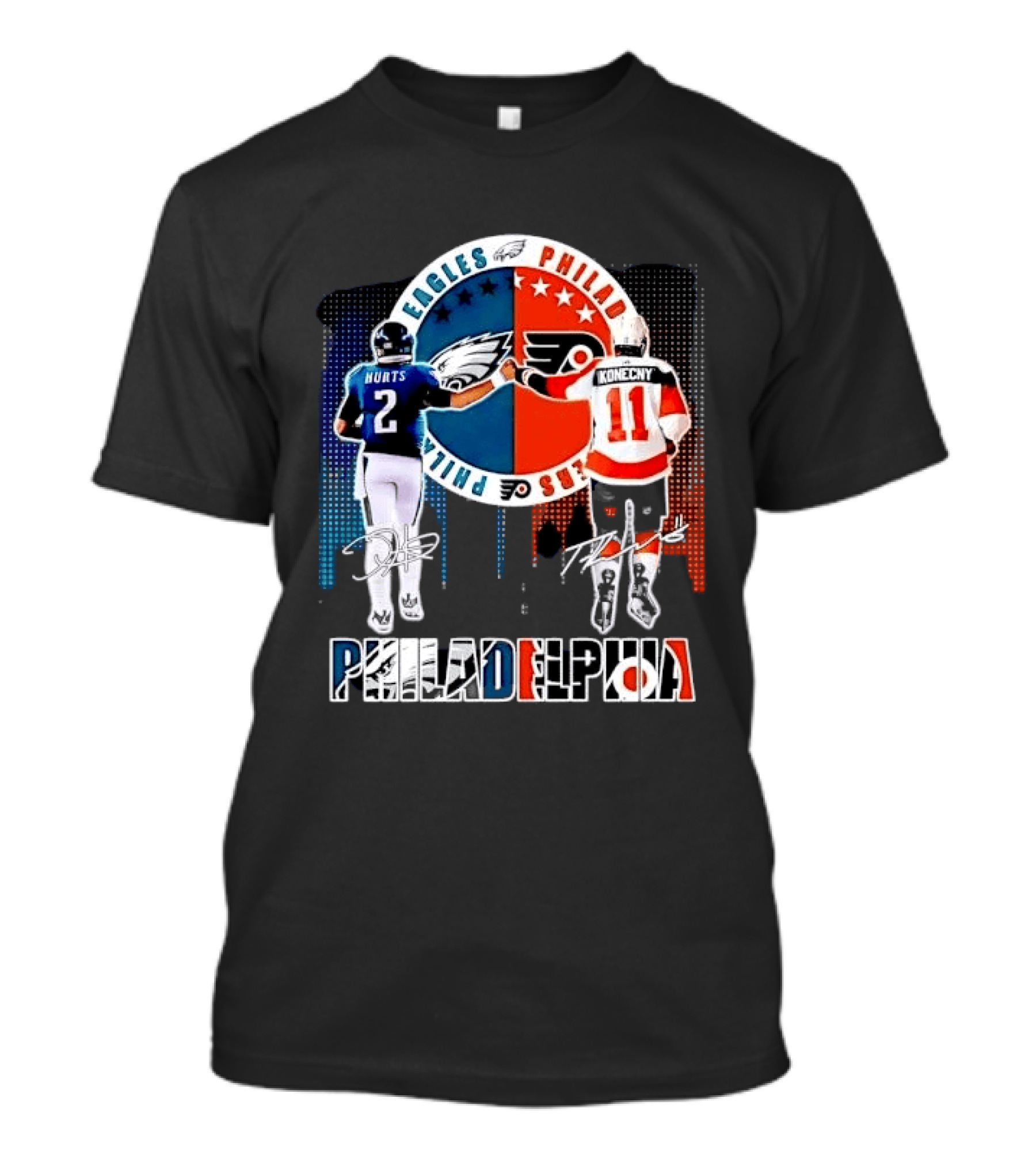 Philadelphia Eagles Flyers Hurts Konecny Fist Bump Split Crest Skyline T-Shirt