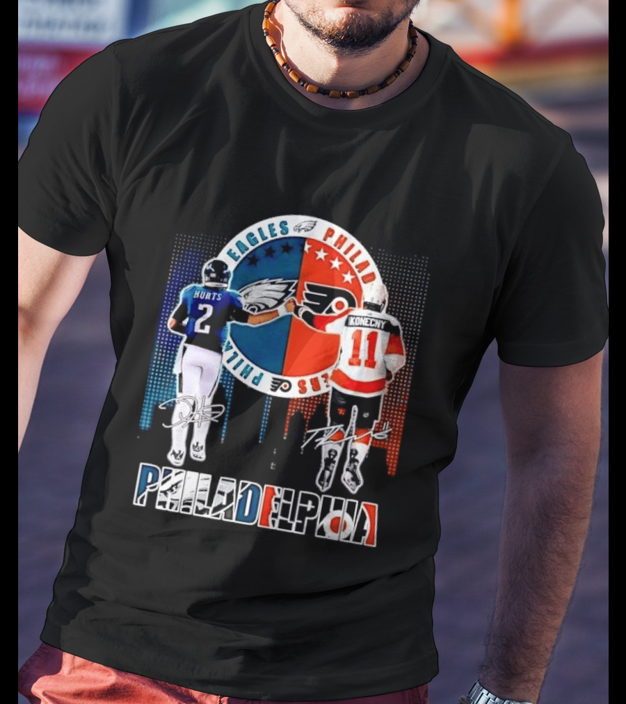 Philadelphia Eagles Flyers Hurts Konecny Fist Bump Split Crest Skyline T-Shirt