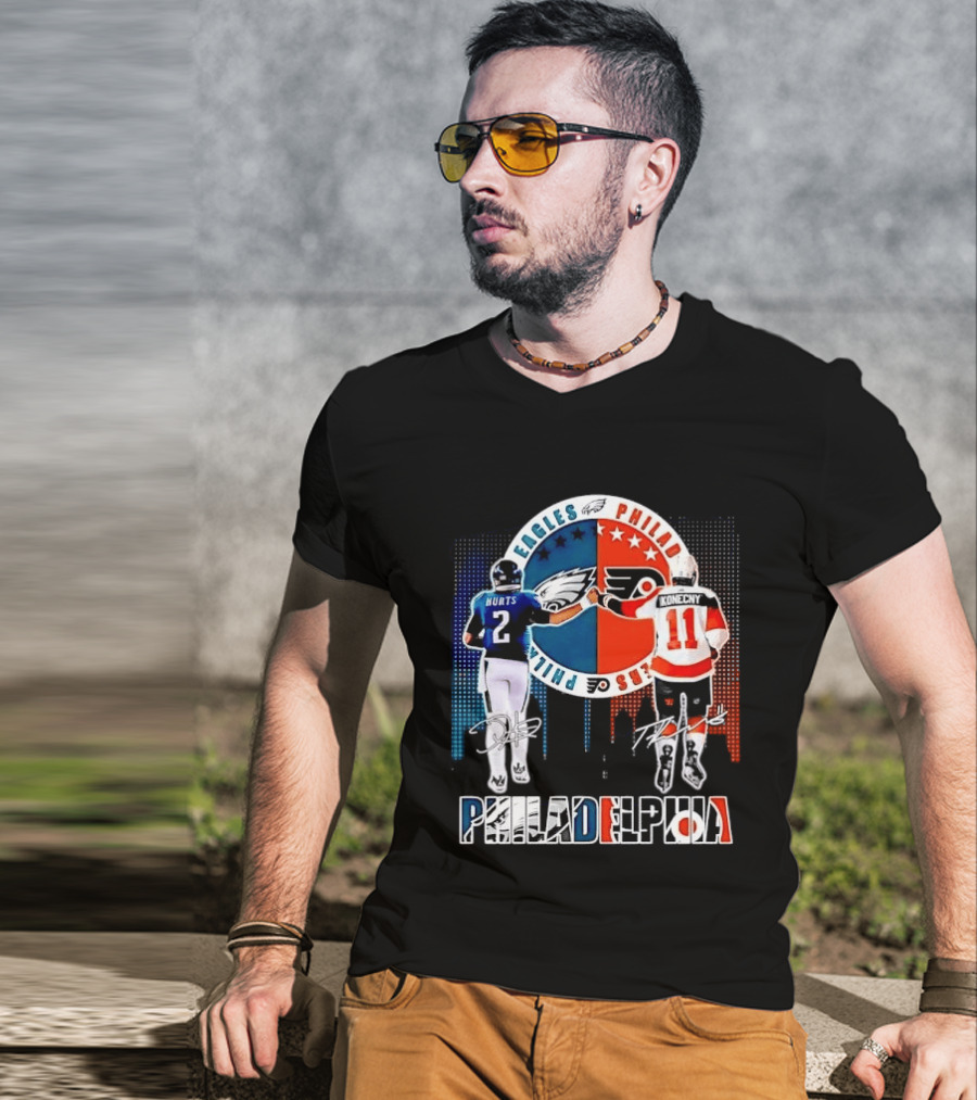 Philadelphia Eagles Flyers Hurts Konecny Fist Bump Split Crest Skyline T-Shirt