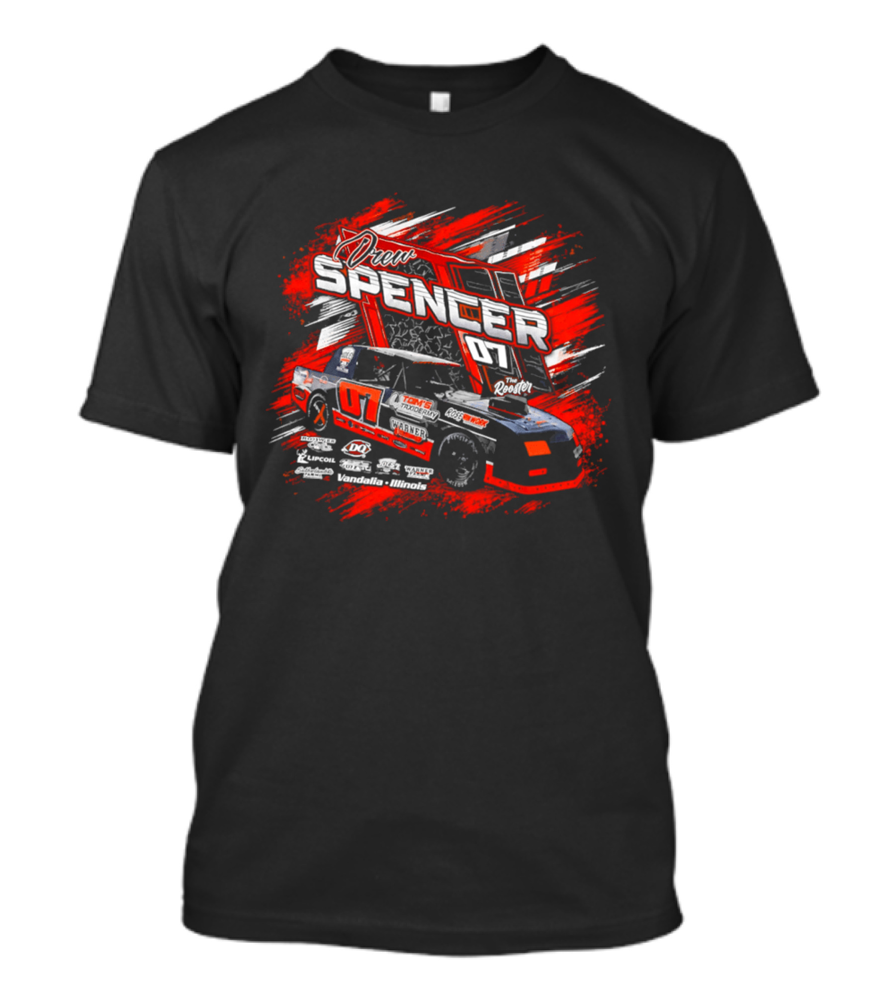 Drew Spencer 07 The Rooster Tom's Taxidermy Vandalia Illinois Racing Car T-Shirt