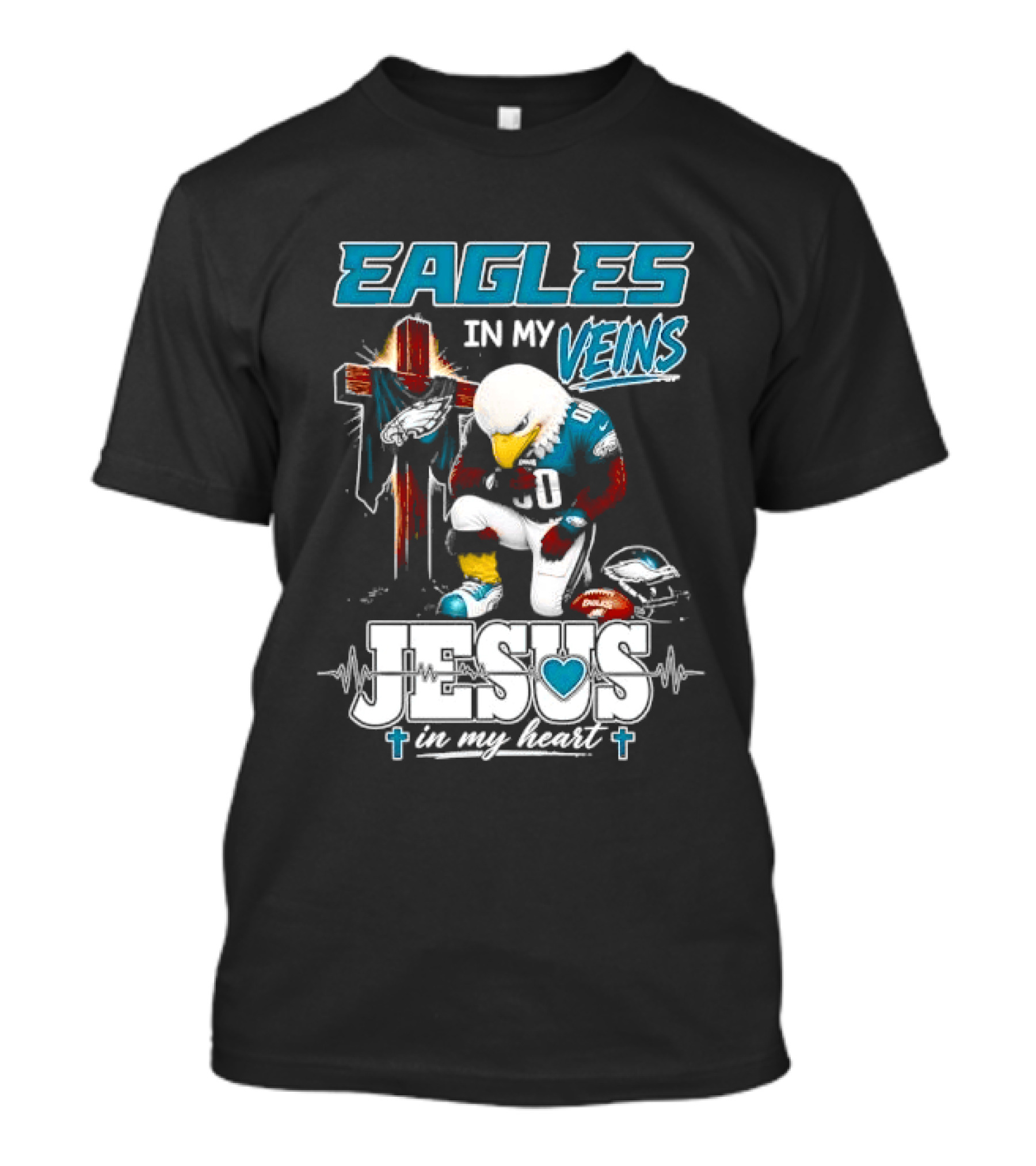 Eagles In My Veins Jesus In My Heart Kneeling Cross Football Helmet T-Shirt