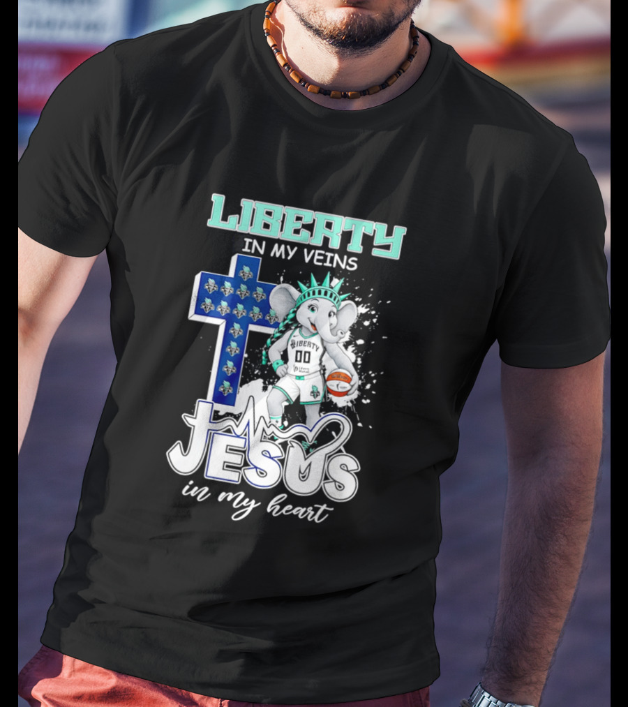 Liberty In My Veins Jesus In My Heart New York Liberty Elephant Basketball Cross T-Shirt