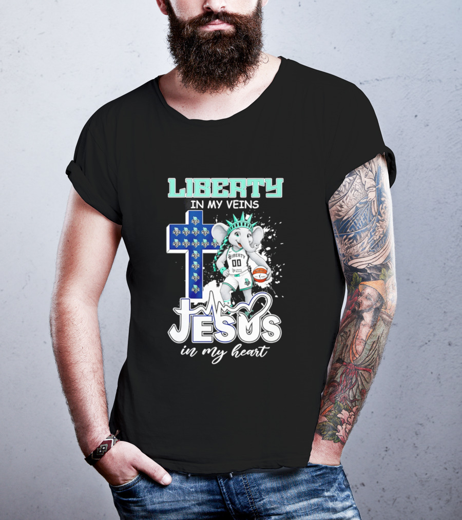 Liberty In My Veins Jesus In My Heart New York Liberty Elephant Basketball Cross T-Shirt