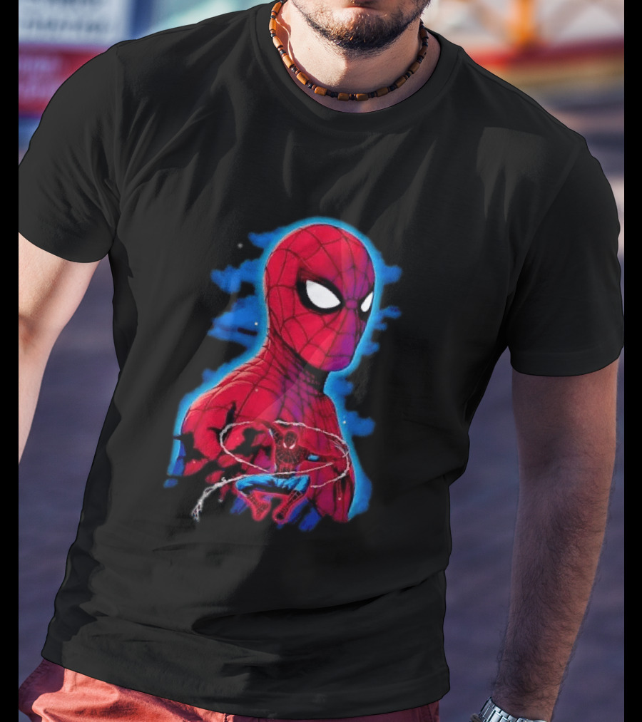 Marvel Spider Man Bust Crouching Web Action Silhouette Clouds T-Shirt