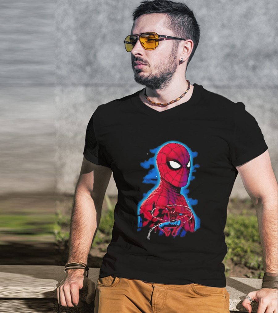 Marvel Spider Man Bust Crouching Web Action Silhouette Clouds T-Shirt