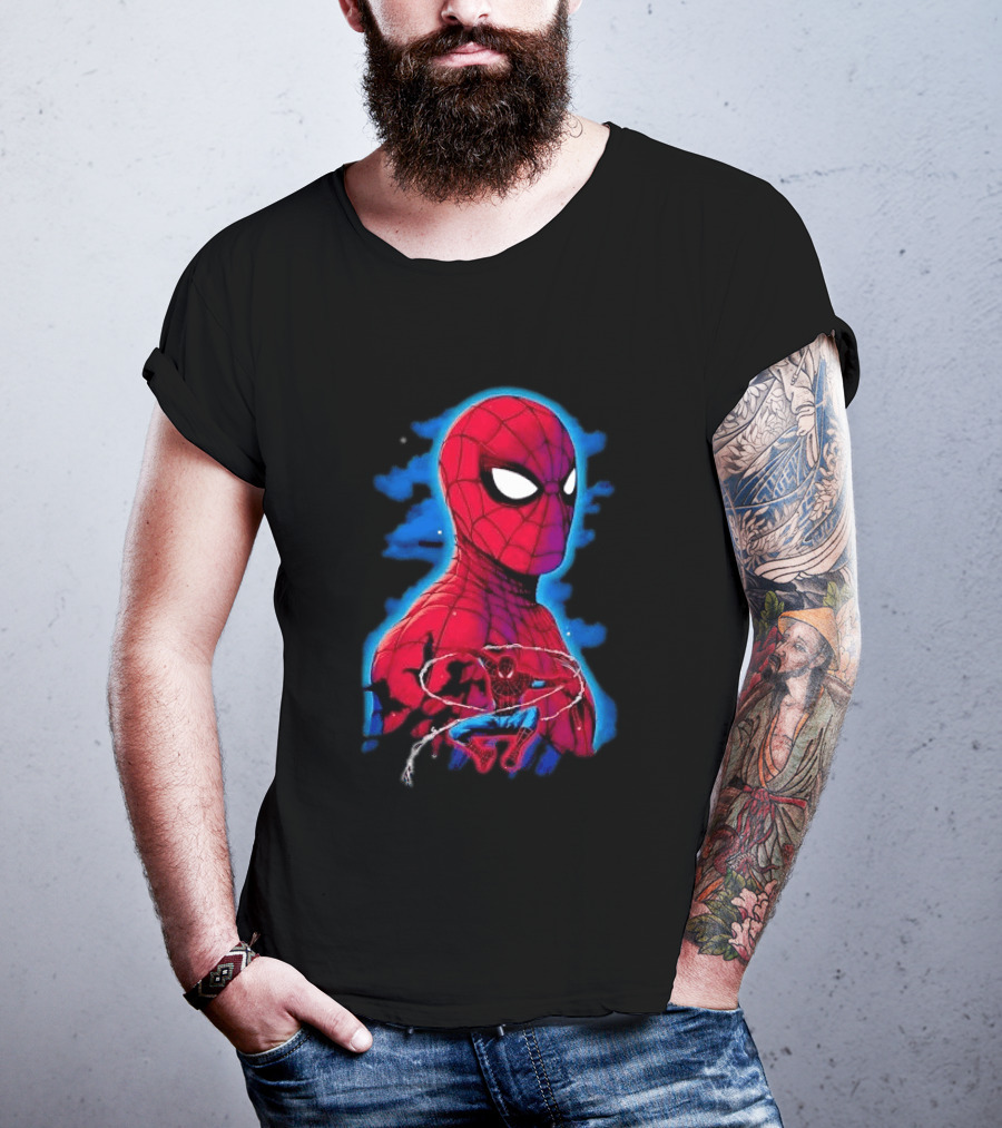 Marvel Spider Man Bust Crouching Web Action Silhouette Clouds T-Shirt