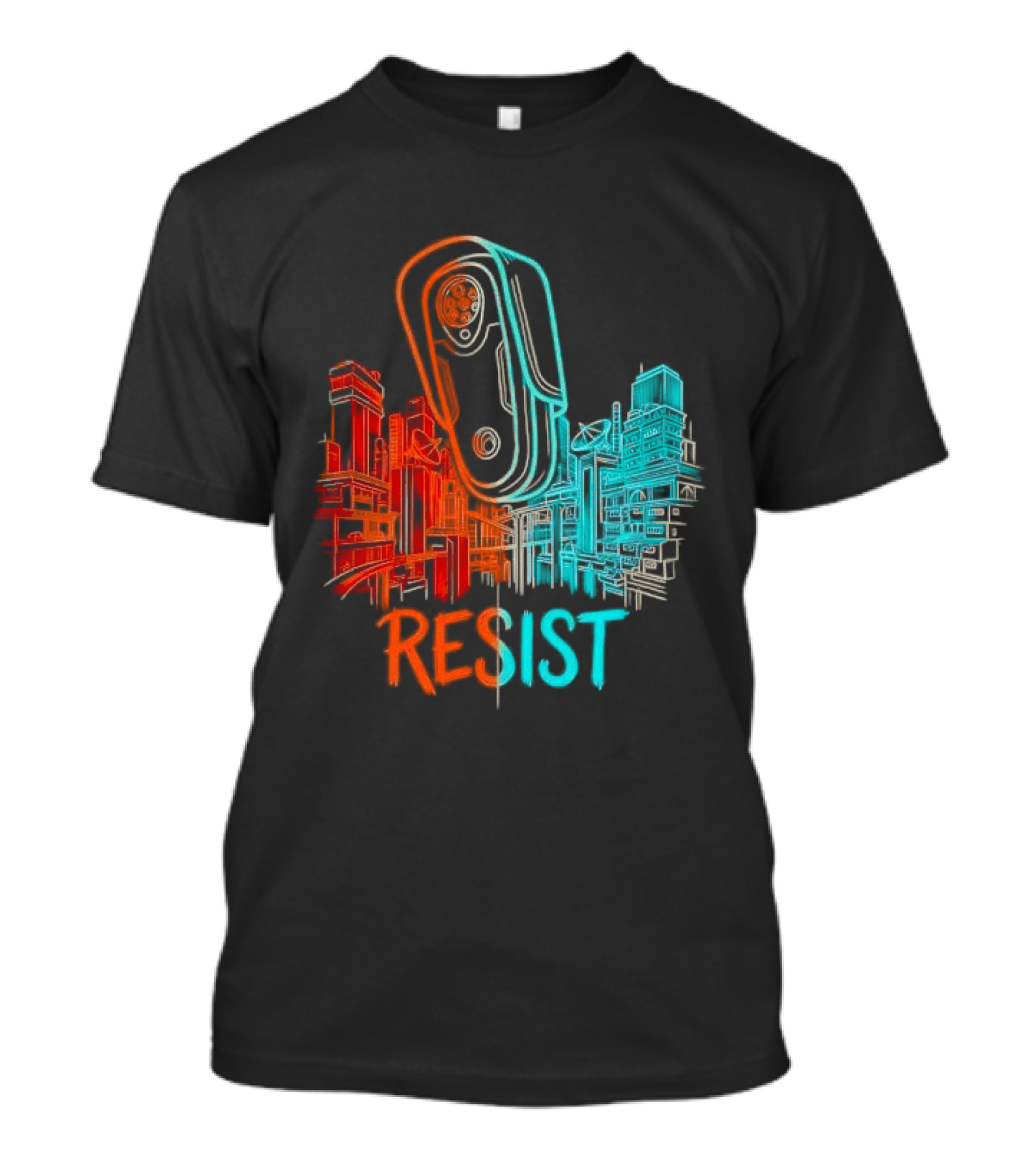 Resist Surveillance Neon City Skyline Security Camera T-Shirt