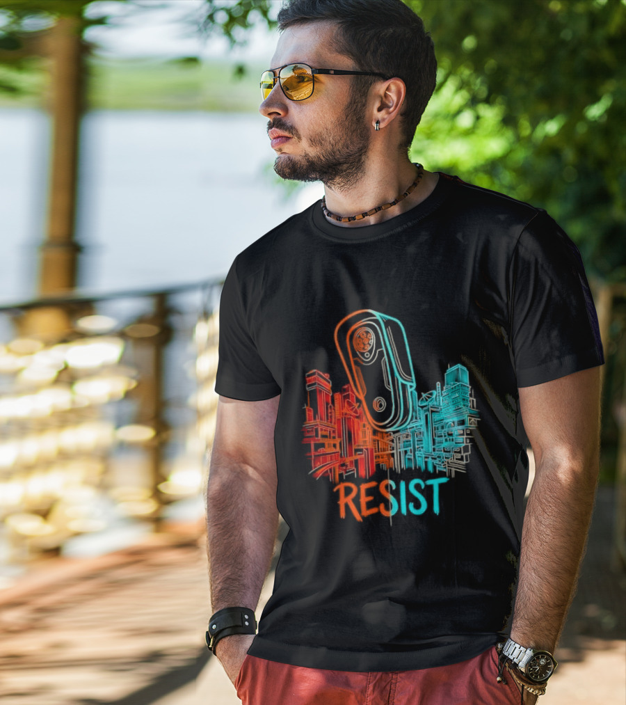 Resist Surveillance Neon City Skyline Security Camera T-Shirt