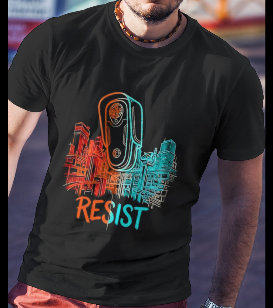 Resist Surveillance Neon City Skyline Security Camera T-Shirt