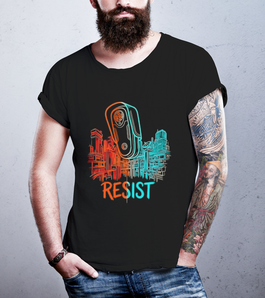 Resist Surveillance Neon City Skyline Security Camera T-Shirt