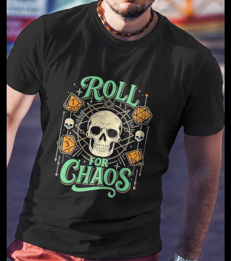 Roll For Chaos Skull RPG Dice Geometric Polyhedral Line T-Shirt