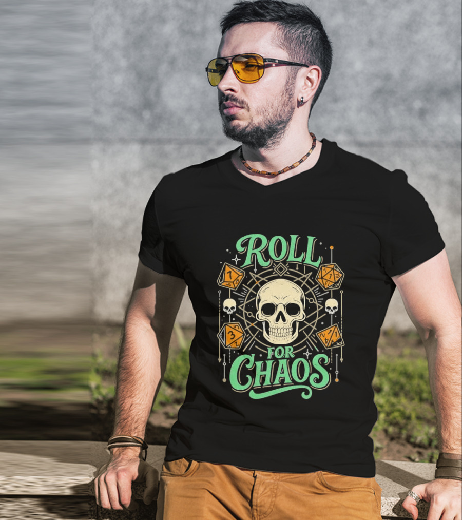 Roll For Chaos Skull RPG Dice Geometric Polyhedral Line T-Shirt
