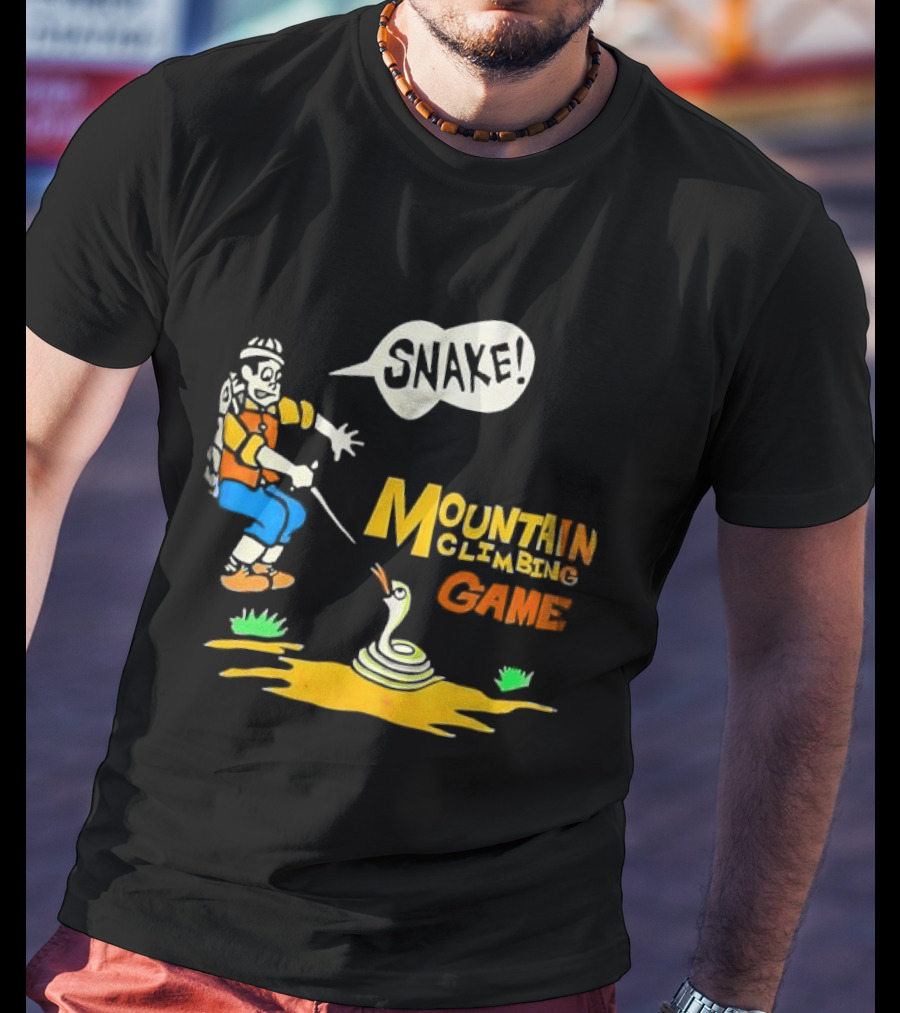 Snake Mountain Climbing Game Startled Climber Coiled Serpent Cartoon T-Shirt