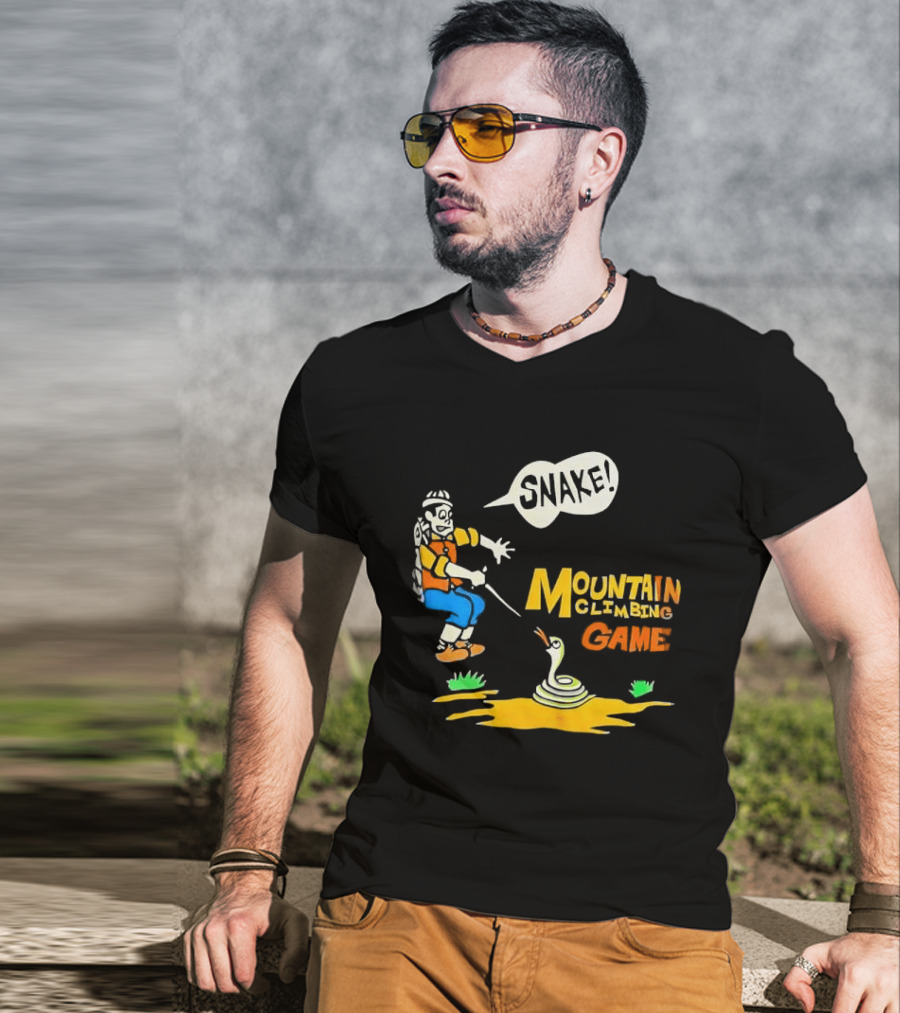 Snake Mountain Climbing Game Startled Climber Coiled Serpent Cartoon T-Shirt
