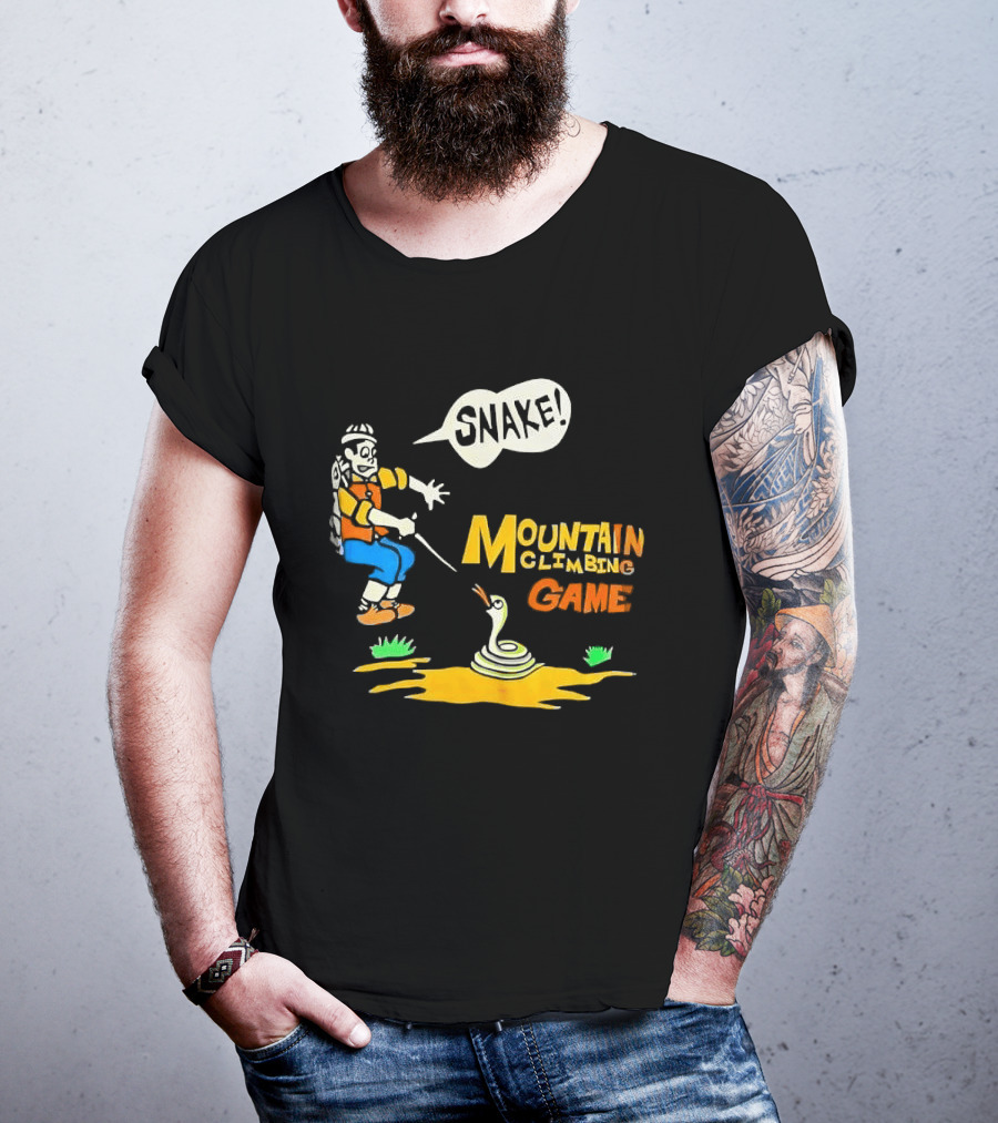 Snake Mountain Climbing Game Startled Climber Coiled Serpent Cartoon T-Shirt