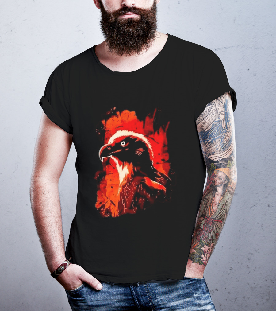 Stylized Bearded Vulture Head Fiery Orange Watercolor Art Bird Wildlife T-Shirt
