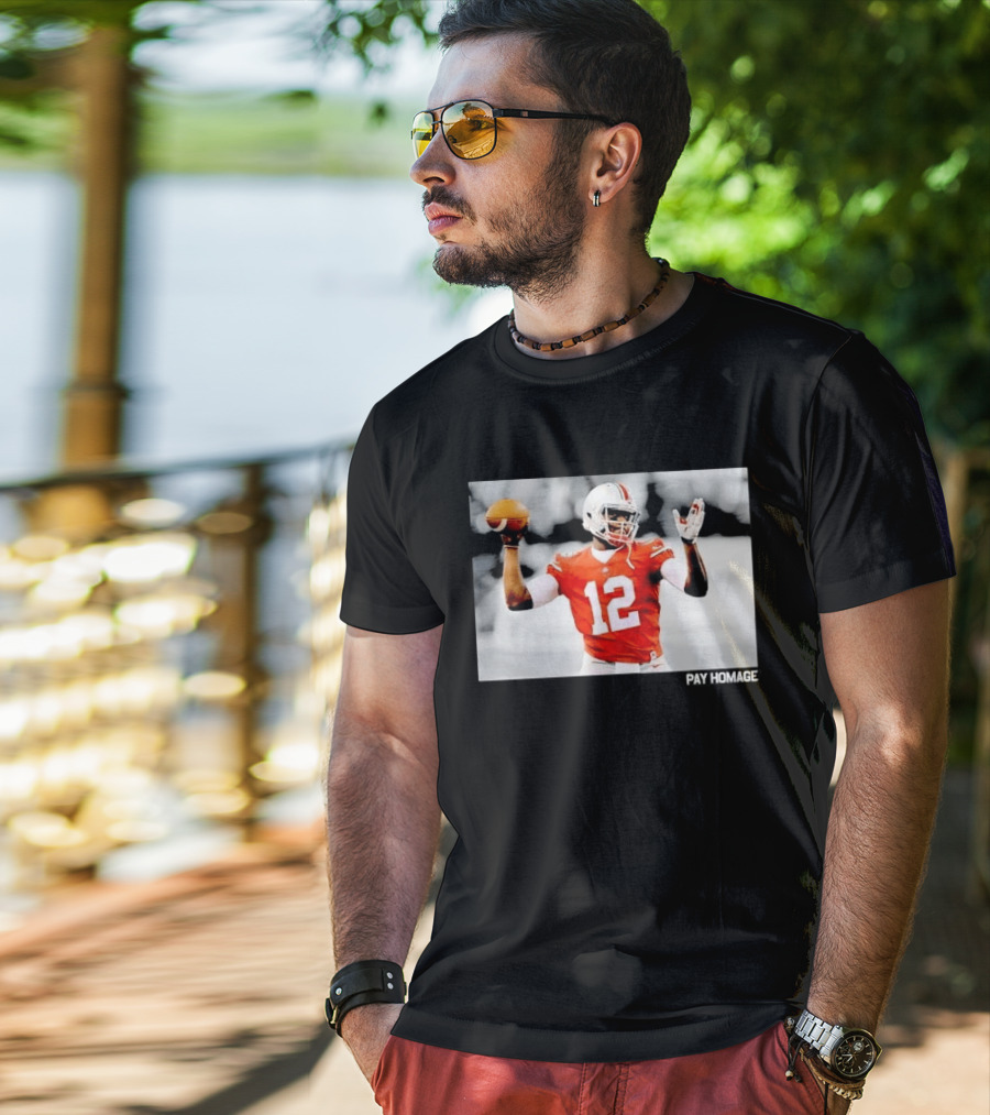 Ohio State Buckeyes Quarterback Number 12 Throwing Football Selective Color Pay Homage T-Shirt