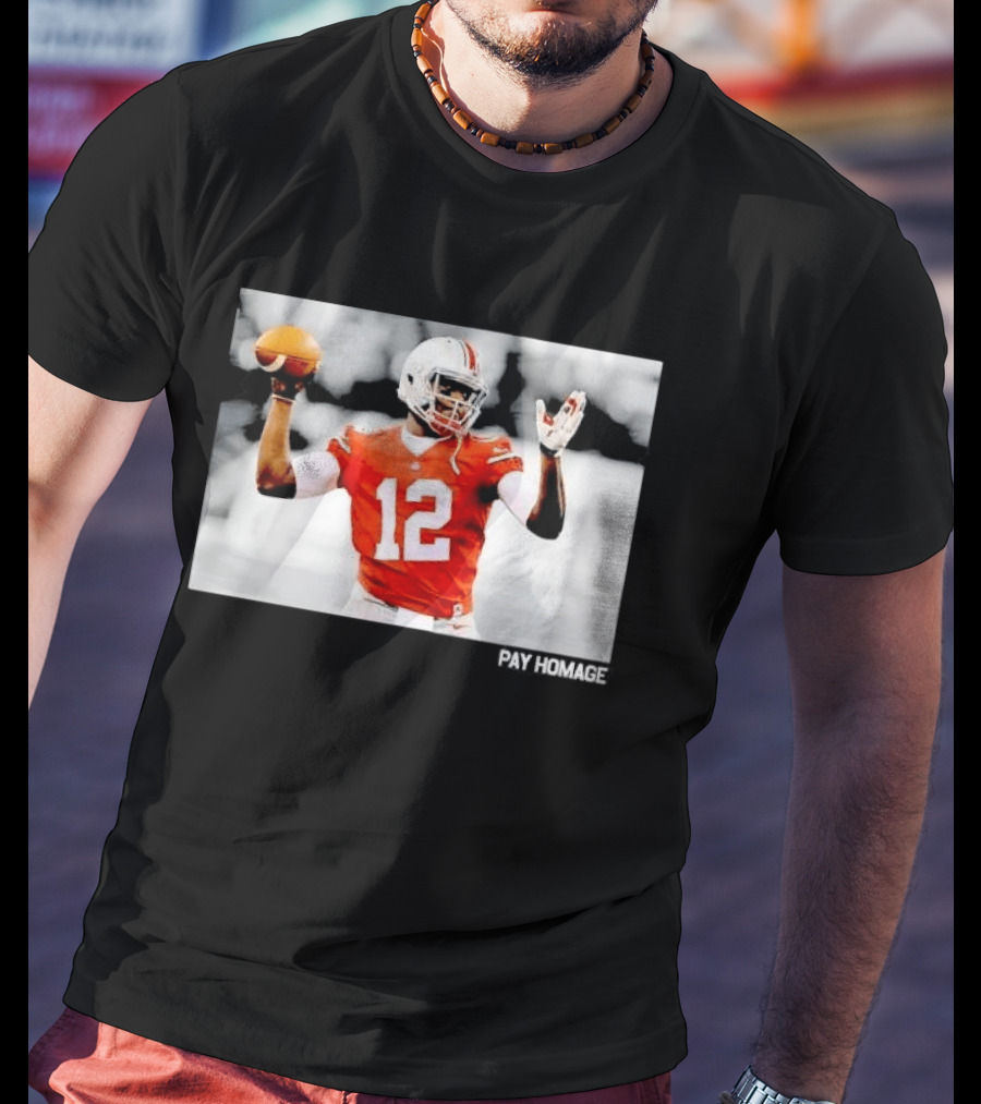 Ohio State Buckeyes Quarterback Number 12 Throwing Football Selective Color Pay Homage T-Shirt