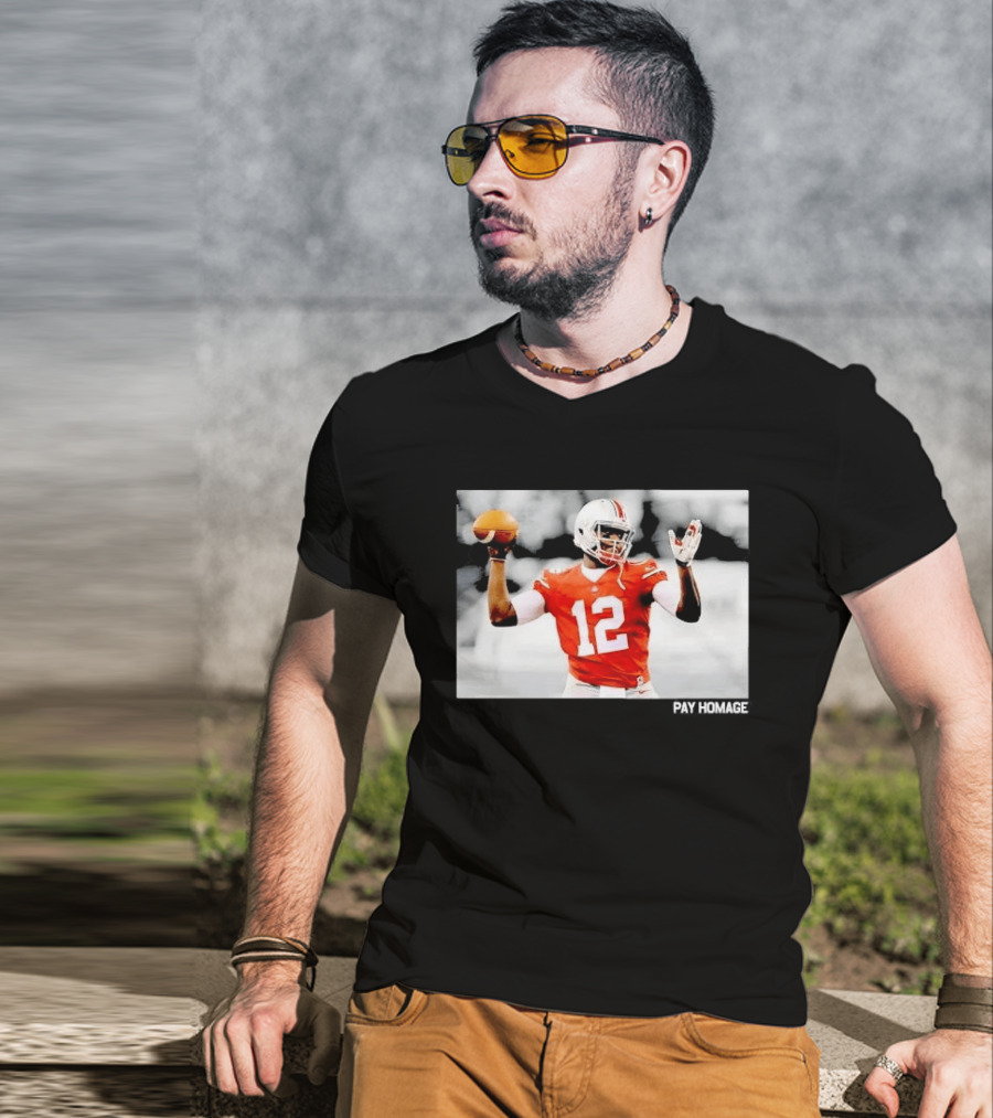 Ohio State Buckeyes Quarterback Number 12 Throwing Football Selective Color Pay Homage T-Shirt