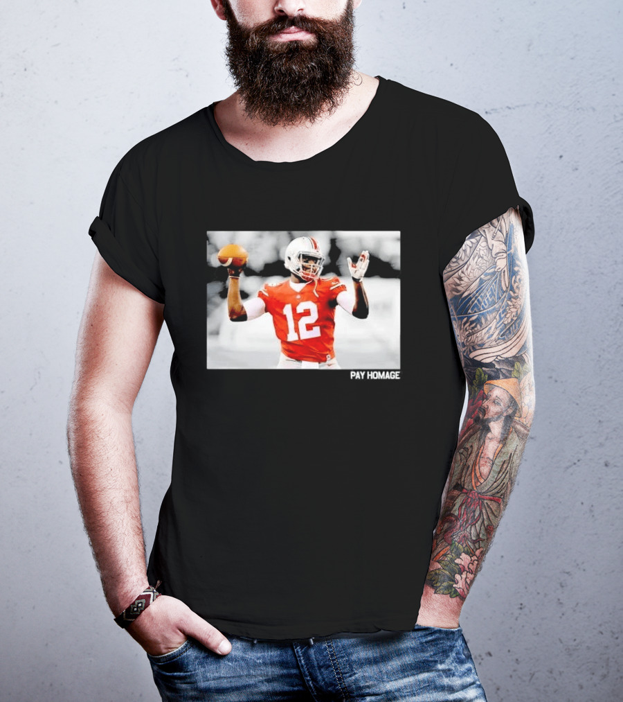 Ohio State Buckeyes Quarterback Number 12 Throwing Football Selective Color Pay Homage T-Shirt