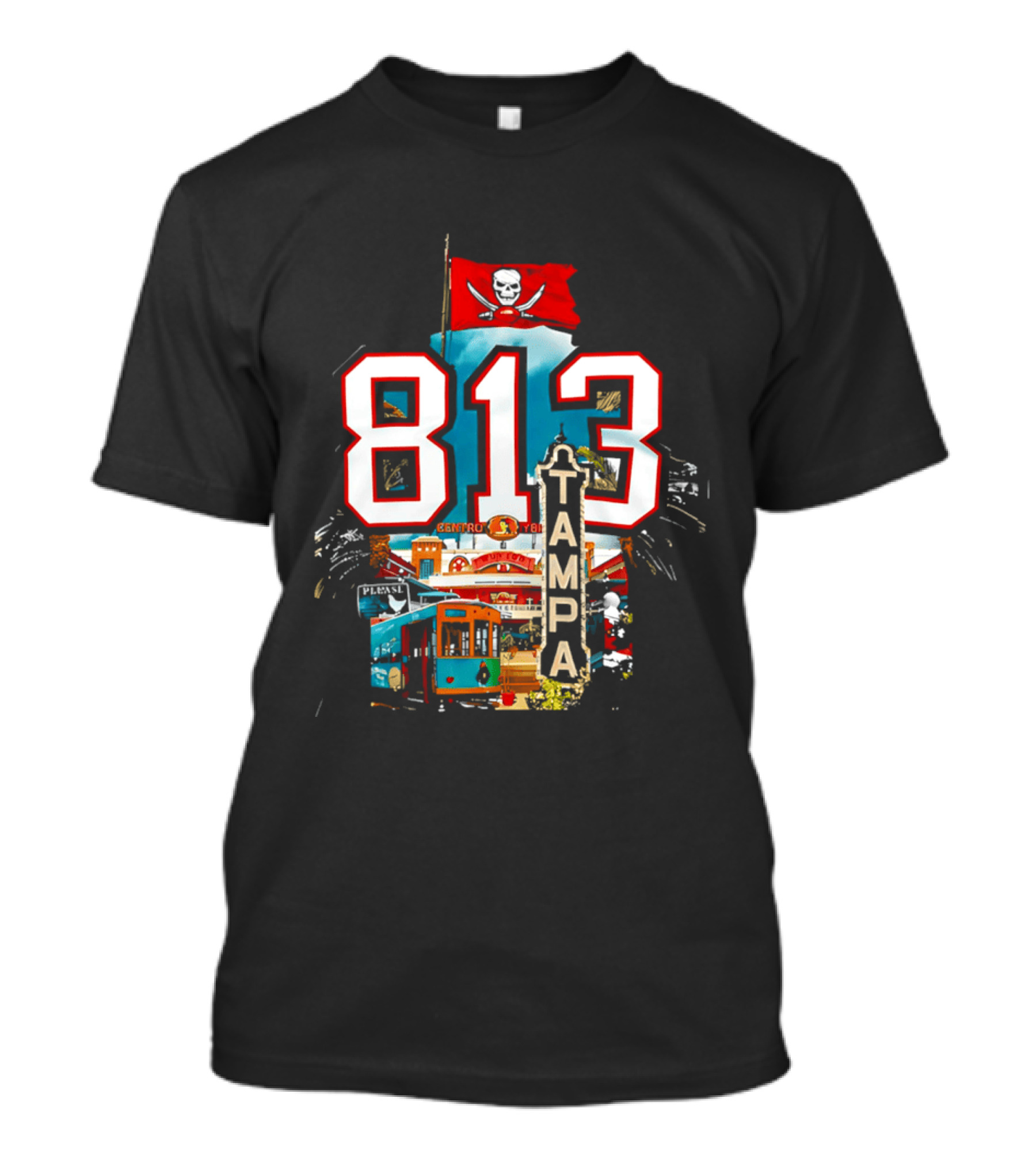 Tampa Bay Buccaneers 813 Day Celebration With Pirate Flag And Tampa Landmarks T-Shirt