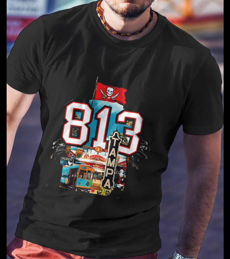 Tampa Bay Buccaneers 813 Day Celebration With Pirate Flag And Tampa Landmarks T-Shirt