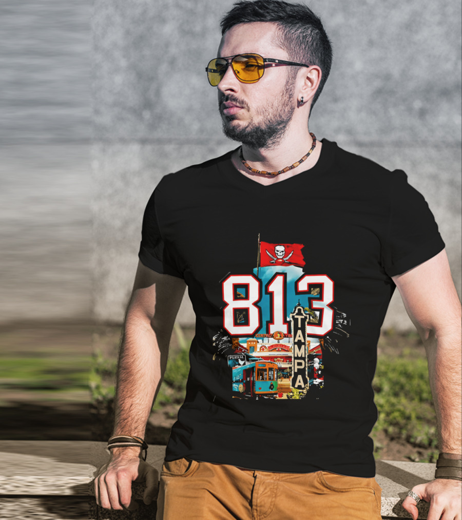 Tampa Bay Buccaneers 813 Day Celebration With Pirate Flag And Tampa Landmarks T-Shirt